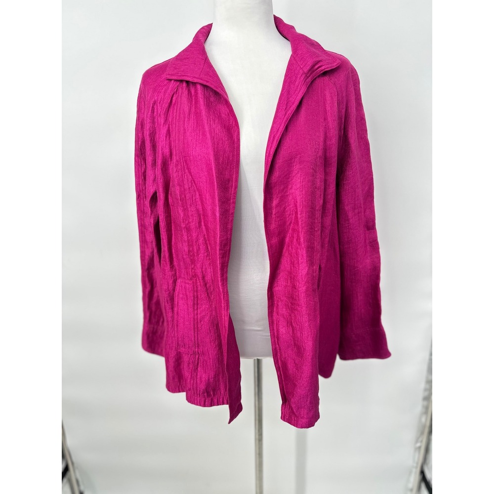 Chico's Blazer Womens 1 M Magenta Shimmer Open Front Lightweight Textured Career